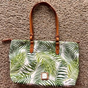Dooney & Bourke Green Palm-Print Canvas Tote with Tan Leather Straps